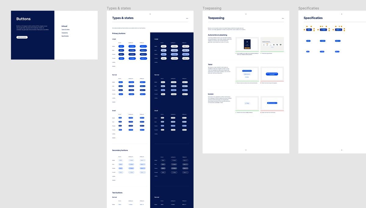 Overview of buttons in the component library as part of the Design System.