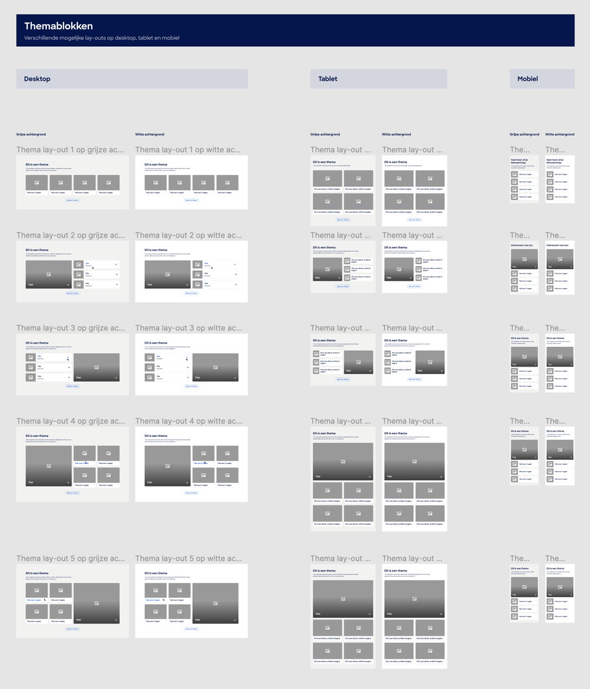 Herbruikbare componenten in verschillende opstellingen voor desktop, tablet en mobiel.